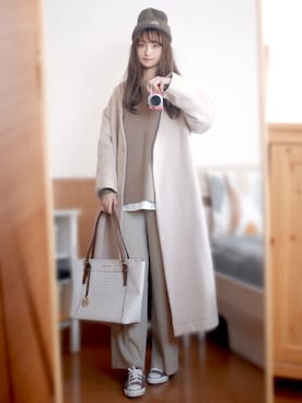 「ニット帽コーデ」｜「アイテム（ノーカラーコート）」を使った、まお♡さん（レディース・163cm）の冬コーディネート