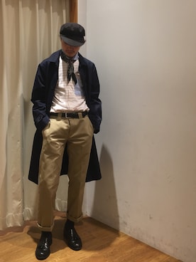 「バンダナ」｜「アイテム（ステンカラーコート）」を使った、zakikameさん（メンズ・170cm）の冬コーディネート