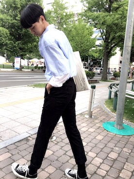 「H&M（エイチ・アンド・エム）のアイテム（シャツ/ブラウス、ホワイト系）」を使った、怜さん（メンズ・177cm）の夏コーディネート