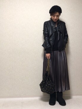 「HusHusH（ハッシュアッシュ）のアイテム（ライダースジャケット）」を使った、kanae¨̮⑅さん（レディース・166cm）の冬コーディネート