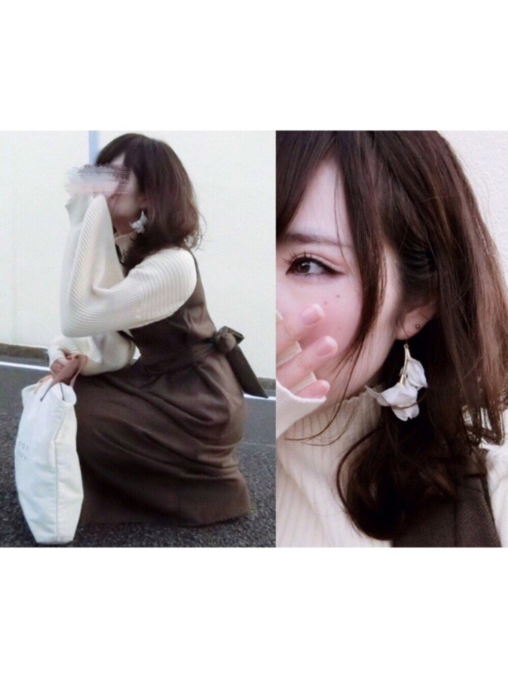 ベージュ系のニット/セーター、ブラウン系のワンピース、ホワイト系のトートバッグを着用したレディースの冬コーディネートの1枚目の写真