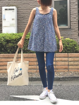 「アイテム（タンクトップ、ブルー系）」を使った、memmyさん（レディース・164cm）の夏コーディネート