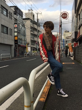 「no brand（ノーブランド）のアイテム（スタジャン）」を使った、スティックアウト700ストアーさん（メンズ・170cm）の春コーディネート