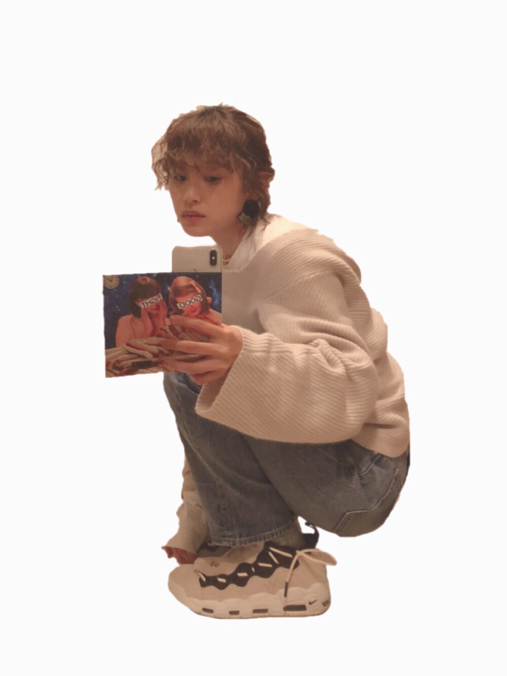 「NIKE、AIR MORE MONEY、エアモアマネー、ナイキ、スニーカー、スニーカー女子、デニム、GAP、今日のたかはし、TOGA」｜「TOGAのアイテム（ニット/セーター、ベージュ系）」を使った、高橋愛さん（レディース・154cm）の冬コーディネートの1枚目の写真