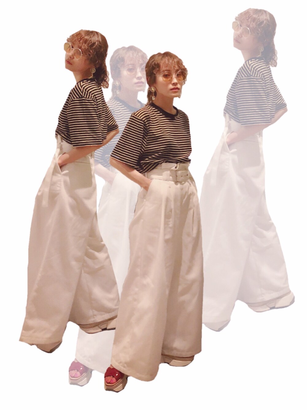 「セーラームーン、セーラージュピター、PAMEO POSE、今日のたかはし、高橋愛、MM6、厚底、Dickies、stussy、ボーダー」｜「STUSSYのJack Stripe Crew（Tシャツ/カットソー、ブラック系）」を使った、高橋愛さん（レディース・154cm）の夏コーディネートの1枚目の写真