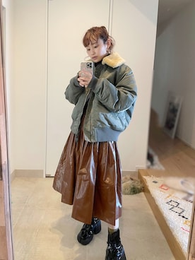 「高橋愛」｜「アイテム（MA-1）」を使った、高橋愛さん（レディース・154cm）の春コーディネート