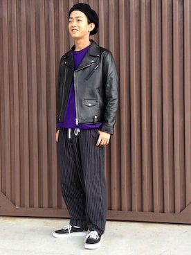 「ストライプパンツ」｜「アイテム（ライダースジャケット）」を使った、jeansfactoryさん（メンズ・170cm）の秋コーディネート