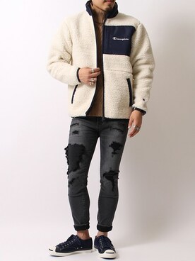 「Champion（チャンピオン）のアイテム（その他アウター）」を使った、jeansfactoryさん（メンズ・170cm）の冬コーディネート
