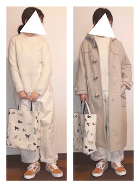 「オールホワイト」｜「アイテム（ダッフルコート）」を使った、moezouさん（レディース・159cm）の冬コーディネート