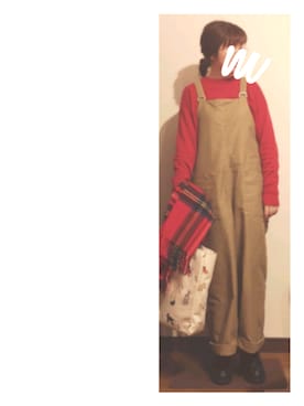 「チェックマフラー」｜「アイテム（オールインワン・サロペット）」を使った、moezouさん（レディース・159cm）の冬コーディネート