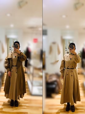 「Ameri（アメリ）のBALLOON SLEEVE PLEATS TRENCH（トレンチコート、ブラウン系）」を使った、miuさん（レディース・162cm）の冬コーディネート