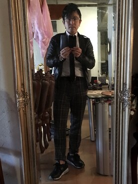 「SHELLAC（シェラック）のアイテム（ライダースジャケット）」を使った、Masakazu Kounoさん（メンズ・167cm）の冬コーディネート