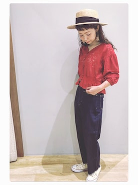 「earth music&ecology（アースミュージックアンドエコロジー）のアイテム（ハット）」を使った、tomopuuさん（レディース・152cm）の夏コーディネート