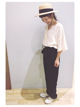 「earth music&ecology（アースミュージックアンドエコロジー）のアイテム（ハット）」を使った、tomopuuさん（レディース・152cm）の夏コーディネート