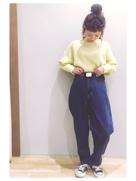 「Lee（リー）の【LEE×earth】 ベルト付きテーパードパンツ ○（デニムパンツ）」を使った、tomopuuさん（レディース・152cm）の冬コーディネート