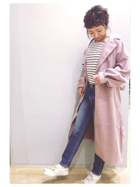 「earth music&ecology（アースミュージックアンドエコロジー）のアイテム（トレンチコート）」を使った、tomopuuさん（レディース・152cm）の冬コーディネート