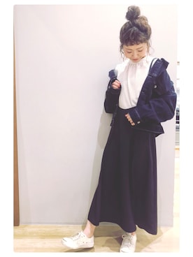 「earth music&ecology（アースミュージックアンドエコロジー）のアイテム（デニムジャケット）」を使った、tomopuuさん（レディース・152cm）の冬コーディネート