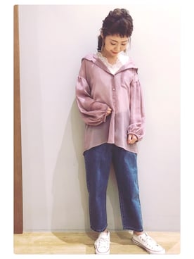 「earth music&ecology（アースミュージックアンドエコロジー）のアイテム（デニムパンツ）」を使った、tomopuuさん（レディース・152cm）の春コーディネート