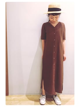 「earth music&ecology（アースミュージックアンドエコロジー）のアイテム（ハット）」を使った、tomopuuさん（レディース・152cm）の春コーディネート