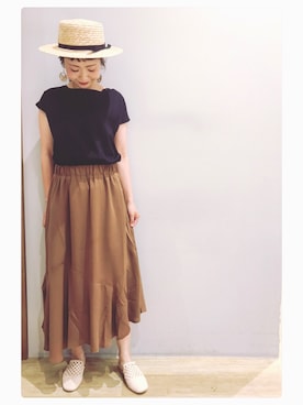 「earth music&ecology（アースミュージックアンドエコロジー）のアイテム（ハット）」を使った、tomopuuさん（レディース・153cm）の夏コーディネート
