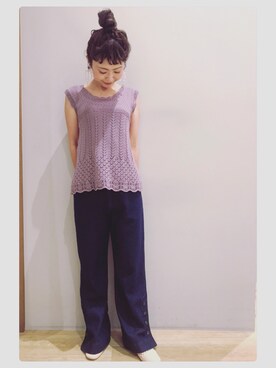 「earth music&ecology（アースミュージックアンドエコロジー）のサイドボタンパンツ 〇（デニムパンツ）」を使った、tomopuuさん（レディース・153cm）の夏コーディネート