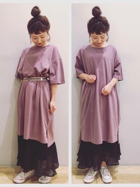 「earth music&ecology（アースミュージックアンドエコロジー）のアイテム（チュニック）」を使った、tomopuuさん（レディース・152cm）の夏コーディネート