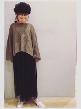 「earth music&ecology（アースミュージックアンドエコロジー）のチュールプリーツスカート＊（スカート）」を使った、tomopuuさん（レディース・152cm）の秋コーディネート