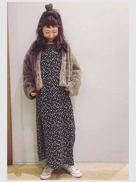 「earth music&ecology（アースミュージックアンドエコロジー）のアイテム（ノーカラージャケット）」を使った、tomopuuさん（レディース・152cm）の冬コーディネート