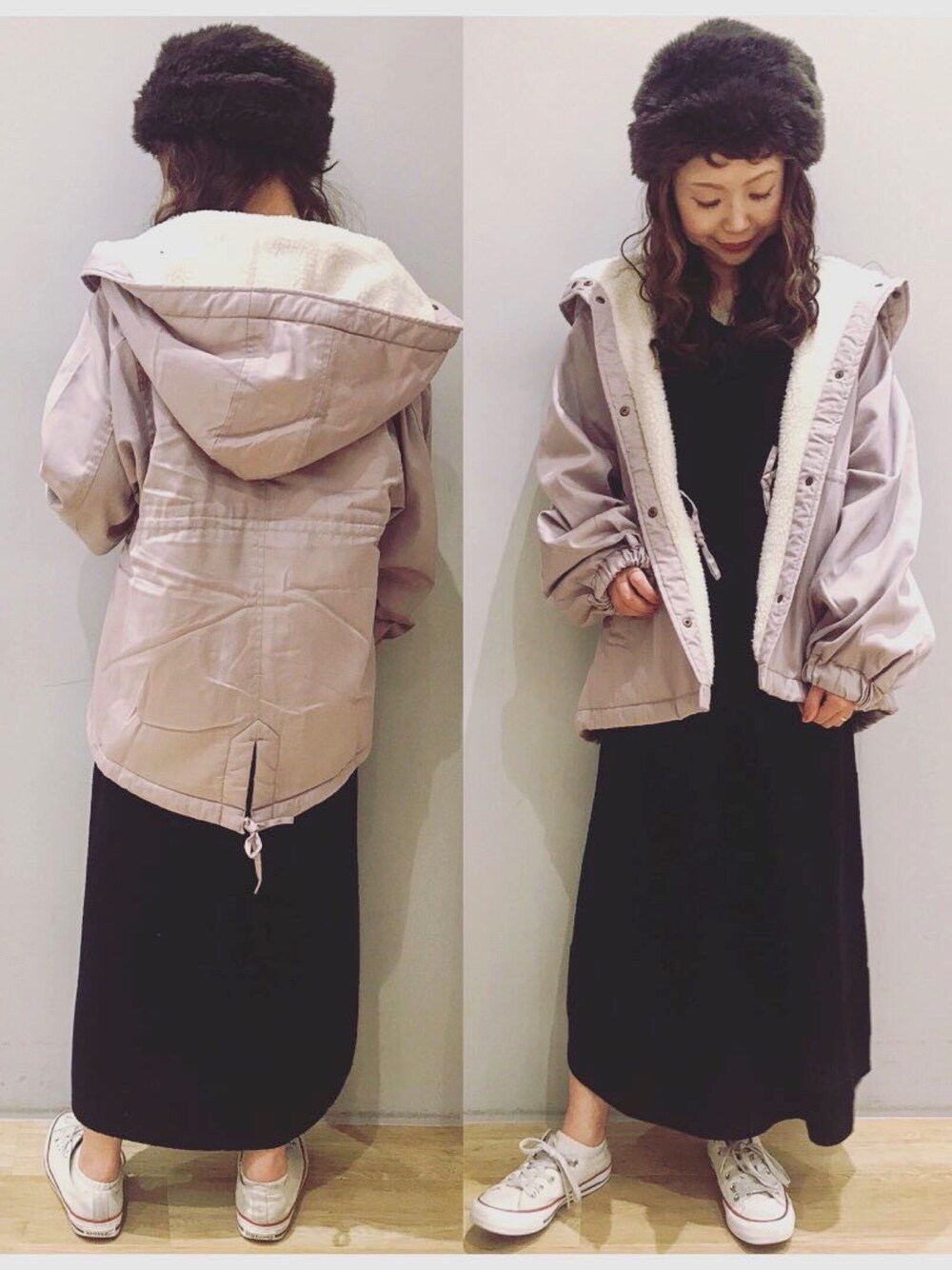 「earth music&ecology、アースミュージック＆エコロジー、ニットワンピース、ワンピース、アウター、モッズコート、シンプルコーデ、スニーカー、ボア、イオンモール新小松」｜「earth music&ecologyのVネック畦ニットワンピース＊（ワンピース、ブラック系）」を使った、tomopuuさん（レディース・152cm）の冬コーディネートの1枚目の写真