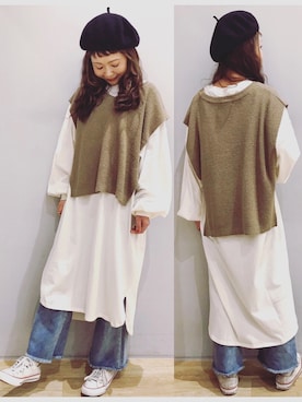 「earth music&ecology（アースミュージックアンドエコロジー）のアイテム（ベスト）」を使った、tomopuuさん（レディース・152cm）の冬コーディネート