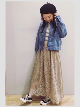 「earth music&ecology（アースミュージックアンドエコロジー）のアイテム（スカート）」を使った、tomopuuさん（レディース・152cm）の春コーディネート