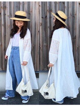 「earth music&ecology（アースミュージックアンドエコロジー）のエンブロイダリー刺繍ワンピース ＊（ワンピース）」を使った、tomopuuさん（レディース・152cm）の春コーディネート