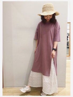 「earth music&ecology（アースミュージックアンドエコロジー）のアイテム（ハット）」を使った、tomopuuさん（レディース・152cm）の夏コーディネート