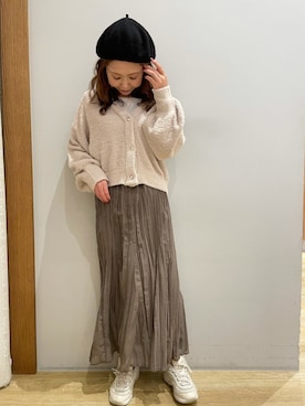 「earth music&ecology（アースミュージックアンドエコロジー）のシアーワッシャースカート　＊（スカート）」を使った、tomopuuさん（レディース・152cm）の冬コーディネート
