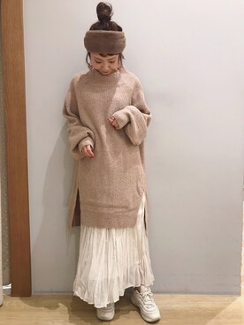 「earth music&ecology（アースミュージックアンドエコロジー）のシアーワッシャースカート　＊（スカート）」を使った、tomopuuさん（レディース・152cm）の冬コーディネート