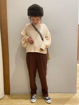 「earth music&ecology（アースミュージックアンドエコロジー）のハイウエストテーパードパンツ ＊（その他パンツ）」を使った、tomopuuさん（レディース・152cm）の冬コーディネート