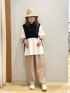 「earth music&ecology（アースミュージックアンドエコロジー）のアイテム（ハット）」を使った、tomopuuさん（レディース・152cm）の夏コーディネート
