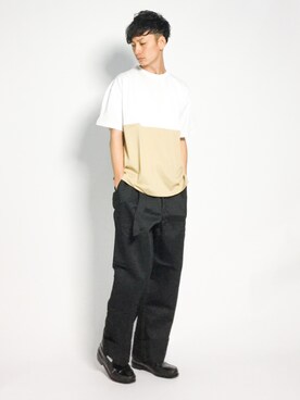 バイカラーブロックドtシャツ 5分袖 を使ったメンズ人気ファッションコーディネート Wear