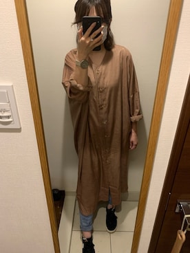「UNE MANSION（ユヌマンション）のアイテム（シャツワンピース）」を使った、ぶきこさん（レディース・165cm）の冬コーディネート