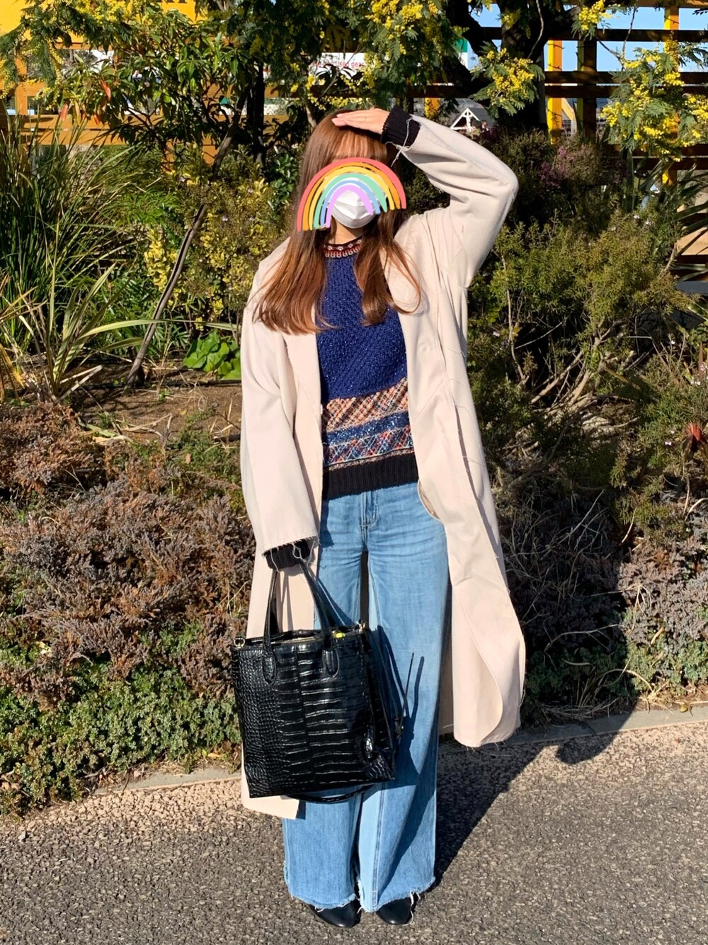 「春コート、春アウター、ニット、デニム、デニムパンツ、低身長コーデ、ZARA」｜「Nobleのアイテム（ジャケット/アウター、ベージュ系）」を使った、YUKI●さん（レディース・154cm）の春コーディネートの1枚目の写真