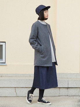 「キャップ女子」｜「アイテム（ステンカラーコート）」を使った、L&HARMONYさん（レディース・165cm）の冬コーディネート