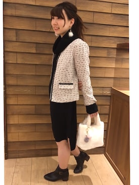 「ツイードジャケット」｜「アイテム（ノーカラージャケット、ピンク系）」を使った、harunaさん（レディース・162cm）の冬コーディネート