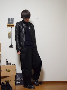 「LOUNGE LIZARD（ラウンジリザード）のアイテム（ライダースジャケット）」を使った、なかさん（メンズ・176cm）の秋コーディネート