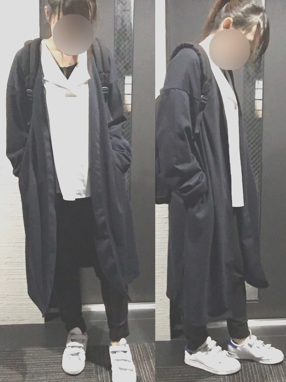 「大人カジュアル、パンツスタイル、雨の日コーデ、ゆるコーデ、スキニーデニム、プチプラ、シンプルコーデ」｜「adidasのadidas アディダスオリジナルス STAN SMITH CF スタンスミス CF S80042 16FA ABC-MART限定 WHT/WHT/CROYAL（スニーカー、ホワイト系）」を使った、ponzuさん（レディース・154cm）の秋コーディネートの1枚目の写真