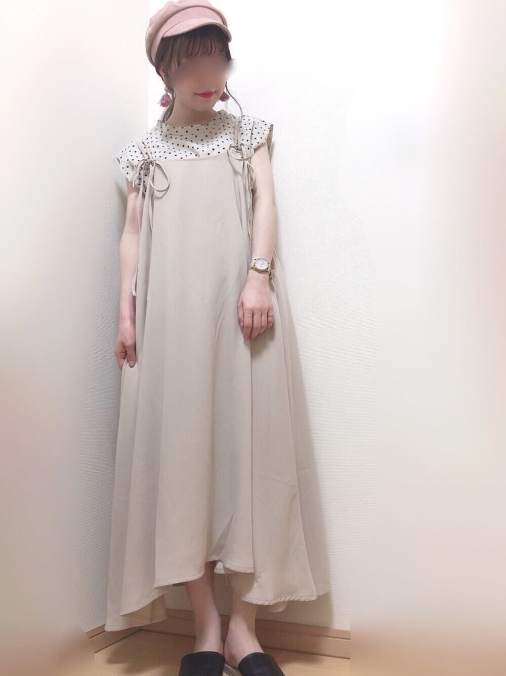 「ラクチンコーデ、夏、ootd、FFF、ベージュ、ドット、omekashi、キャミワンピ、お洒落さんとつながりたい、いいね、save、フォローお願いします🤑」｜「Omekashiのドットノースリプルオーバー（Tシャツ/カットソー、ベージュ系）」を使った、yuririn*さん（レディース・155cm）の夏コーディネートの1枚目の写真