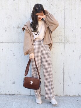 「one after another NICE CLAUP（ワンアフターアナザーナイスクラップ）のアイテム（スラックス、ブラウン系）」を使った、yuririn*さん（レディース・156cm）の秋コーディネート