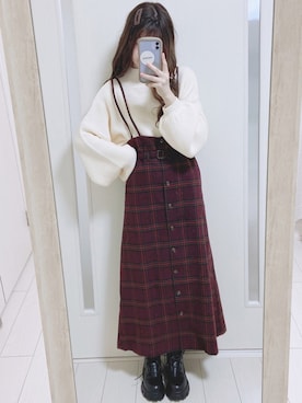 「MERLOT（メルロー）のハイネックバルーンスリーブニットトップス1000/079-7179（ニット/セーター）」を使った、yuririn*さん（レディース・156cm）の秋コーディネート