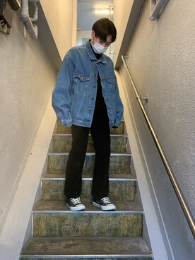 「古着のアイテム（デニムジャケット、ブルー系）」を使った、reiosawa20030403さん（メンズ・161cm）の冬コーディネート