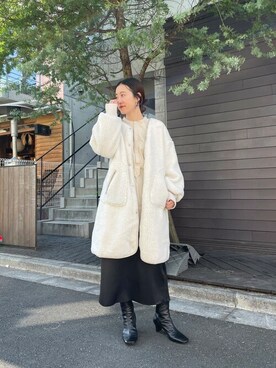 「Omekashi（オメカシ）のアイテム（ノーカラーコート）」を使った、IRIEさん（レディース・160cm）の秋コーディネート