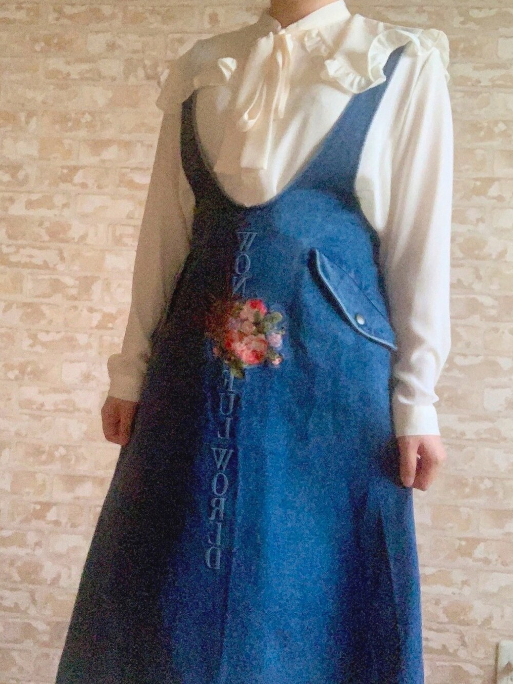「秋コーデ、大人ガーリー、vintage、VINTAGE、デニム、ヴィンテージ、秋のコーデ、秋」｜「milk cocoaのアイテム（シャツ/ブラウス、ホワイト系）」を使った、Polarisさん（レディース・155cm）の秋コーディネートの1枚目の写真